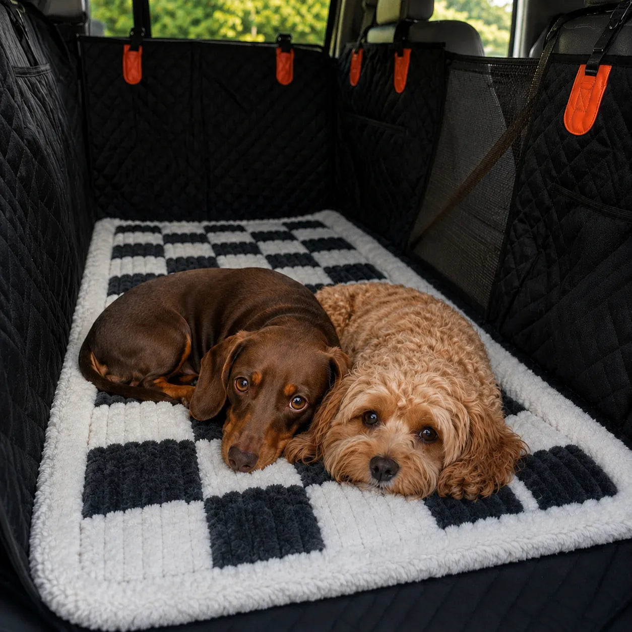 Two dogs resting on the PetRide checkered travel bed in a car boot